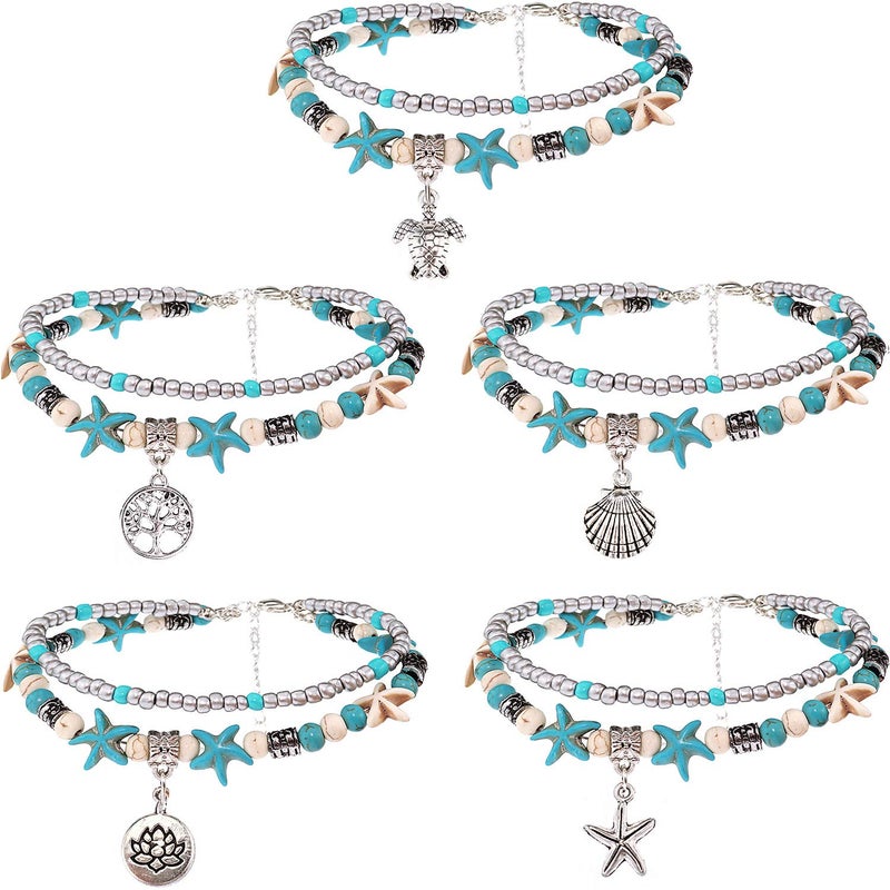 Suyi Sea Turtle Ankle Bracelet Set Multilayer Beach Anklets Handmade Boho Anklets for Women 5pcs - Image 1
